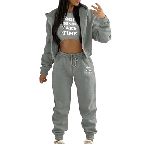 dalamirra Damen Hooded Trainingsanzug Casual Sportsuits Set Jogging Anzug Yoga Outfit 3-teiliger Sport Freizeit Anzug Sportswear Langarm Kapuzenjacke Crop Top und Jogging Bottoms mit Taschen von dalamirra