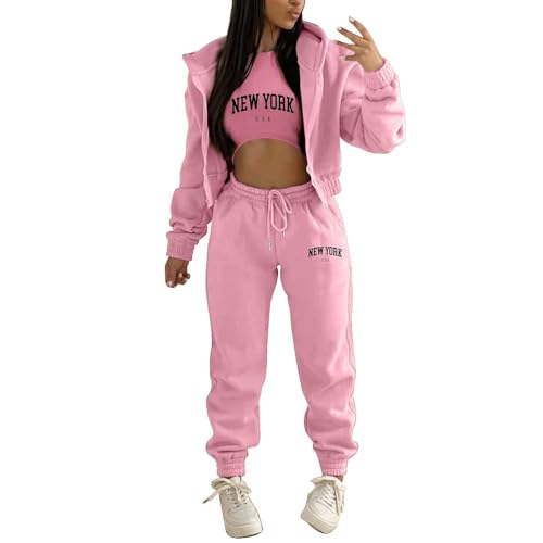 dalamirra Damen Hooded Trainingsanzug Casual Sportsuits Set Jogging Anzug Yoga Outfit 3-teiliger Sport Freizeit Anzug Sportswear Langarm Kapuzenjacke Crop Top und Jogging Bottoms mit Taschen von dalamirra