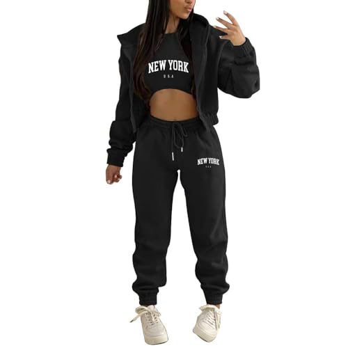 dalamirra Damen Hooded Trainingsanzug Casual Sportsuits Set Jogging Anzug Yoga Outfit 3-teiliger Sport Freizeit Anzug Sportswear Langarm Kapuzenjacke Crop Top und Jogging Bottoms mit Taschen von dalamirra