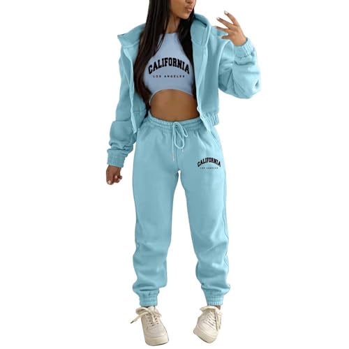 dalamirra Damen Hooded Trainingsanzug Casual Sportsuits Set Jogging Anzug Yoga Outfit 3-teiliger Sport Freizeit Anzug Sportswear Langarm Kapuzenjacke Crop Top und Jogging Bottoms mit Taschen von dalamirra