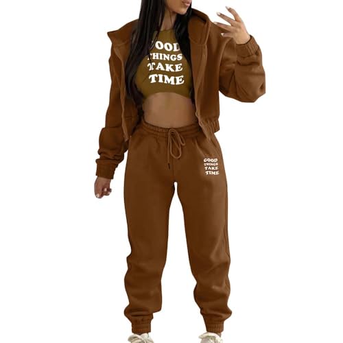 dalamirra Damen Hooded Trainingsanzug Casual Sportsuits Set Jogging Anzug Yoga Outfit 3-teiliger Sport Freizeit Anzug Sportswear Langarm Kapuzenjacke Crop Top und Jogging Bottoms mit Taschen von dalamirra