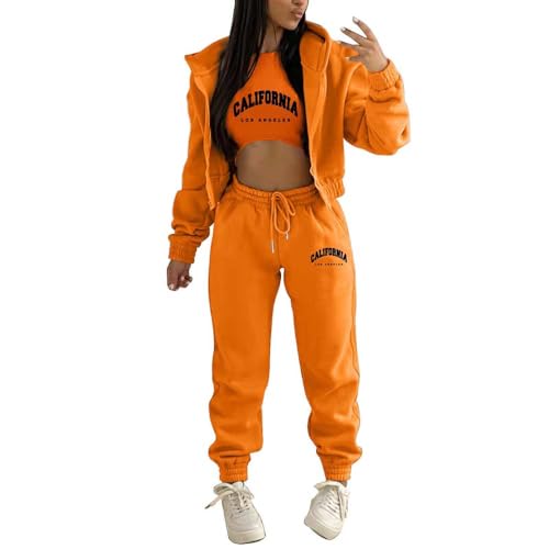dalamirra Damen Hooded Trainingsanzug Casual Sportsuits Set Jogging Anzug Yoga Outfit 3-teiliger Sport Freizeit Anzug Sportswear Langarm Kapuzenjacke Crop Top und Jogging Bottoms mit Taschen von dalamirra