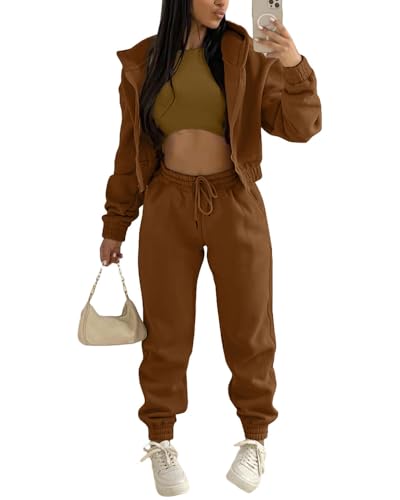dalamirra Damen Hooded Trainingsanzug Casual Sportsuits Set Jogging Anzug Yoga Outfit 3-teiliger Sport Freizeit Anzug Sportswear Langarm Kapuzenjacke Crop Top und Jogging Bottoms mit Taschen von dalamirra