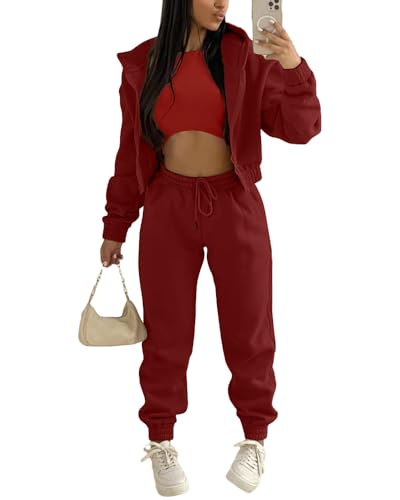 dalamirra Damen Hooded Trainingsanzug Casual Sportsuits Set Jogging Anzug Yoga Outfit 3-teiliger Sport Freizeit Anzug Sportswear Langarm Kapuzenjacke Crop Top und Jogging Bottoms mit Taschen von dalamirra