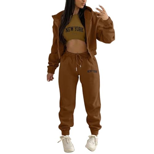 dalamirra Damen Hooded Trainingsanzug Casual Sportsuits Set Jogging Anzug Yoga Outfit 3-teiliger Sport Freizeit Anzug Sportswear Langarm Kapuzenjacke Crop Top und Jogging Bottoms mit Taschen von dalamirra