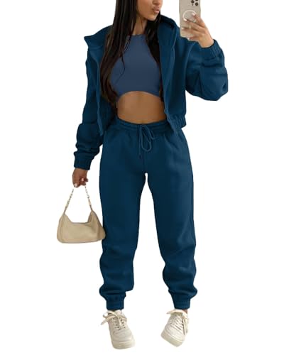 dalamirra Damen Hooded Trainingsanzug Casual Sportsuits Set Jogging Anzug Yoga Outfit 3-teiliger Sport Freizeit Anzug Sportswear Langarm Kapuzenjacke Crop Top und Jogging Bottoms mit Taschen von dalamirra