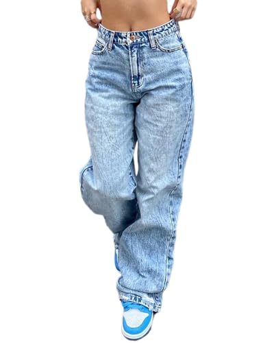 dalamirra Damen Jeans Casual Hosen Hohe Taille Jeans Gerade Breites Bein Cargo Hosen Lose Casual Hosen Streetwear Y2k Vintage Baggy Jeans Weites Bein Denim Hosen von dalamirra