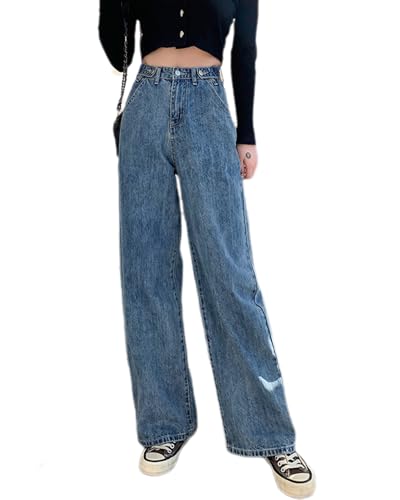 dalamirra Damen Jeans Freizeithose Y11K Stil High Waisted Jeans Weites Bein Elastische Elegante Hose Jeans Retro lose Freizeithose Street Wear Gerade Bein Jeans Weites Bein Jeanshose von dalamirra