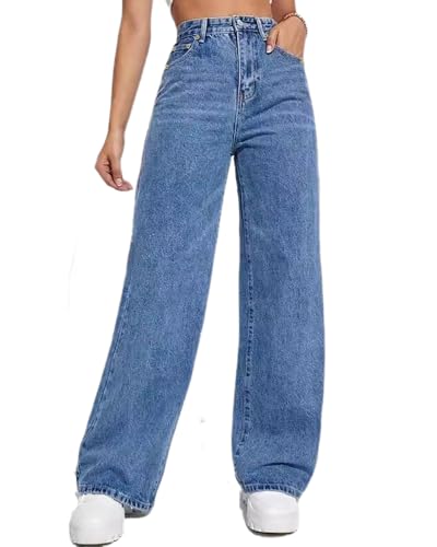 dalamirra Damen Jeans High Waisted Weiche Elastische Gerade Bein Denim Hose Lose Casual Weite Denim Hose von dalamirra