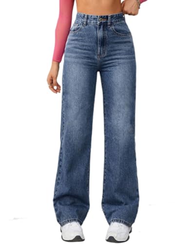dalamirra Damen Jeans High Waisted Weiche Elastische Gerade Bein Denim Hose Lose Casual Weite Denim Hose von dalamirra