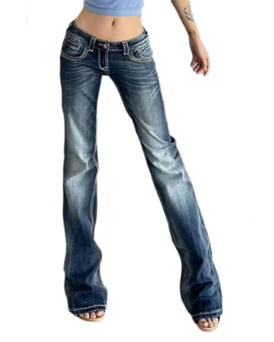 dalamirra Damen Jeans Skinny Flared Fit Niedrige Taille Washed Denim Stretch Casual Hosen Flared Casual Y2K Retro Streetwear Bootcut von dalamirra