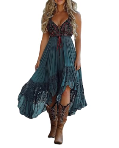dalamirra Damen Lange Boho Vintage Kleid Western Cowgirl Sommer V-Ausschnitt Mini Chiffon Kleider von dalamirra