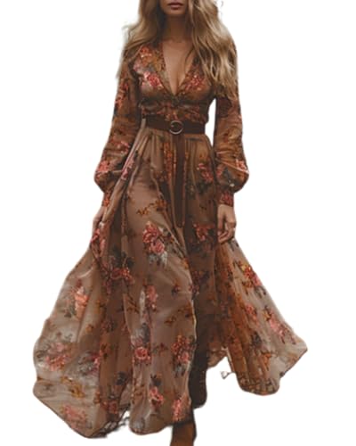 dalamirra Damen Lange Boho Vintage rustikalen Stil V-Ausschnitt Maxi Kleid mit Blumenmuster lässige Frühjahr Sommer Lange Ärmel Western Country Chiffon Kleider von dalamirra