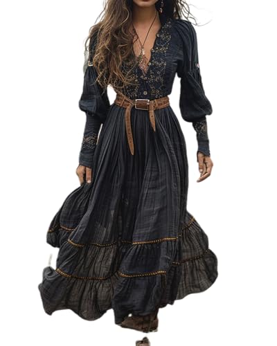 dalamirra Damen Lange Boho Vintage rustikalen Stil V-Ausschnitt Maxi Kleid mit Blumenmuster lässige Frühjahr Sommer Lange Ärmel Western Country Chiffon Kleider von dalamirra