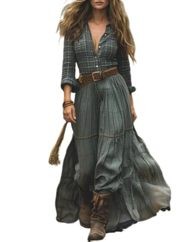 dalamirra Damen Lange Boho Vintage rustikalen Stil V-Ausschnitt Maxi Kleid mit Blumenmuster lässige Frühjahr Sommer Lange Ärmel Western Country Chiffon Kleider von dalamirra