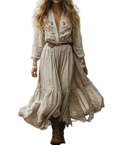 dalamirra Damen Lange Boho Vintage rustikalen Stil V-Ausschnitt Maxi Kleid mit Blumenmuster lässige Frühjahr Sommer Lange Ärmel Western Country Chiffon Kleider von dalamirra