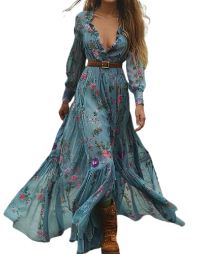 dalamirra Damen Lange Boho Vintage rustikalen Stil V-Ausschnitt Maxi Kleid mit Blumenmuster lässige Frühjahr Sommer Lange Ärmel Western Country Chiffon Kleider von dalamirra