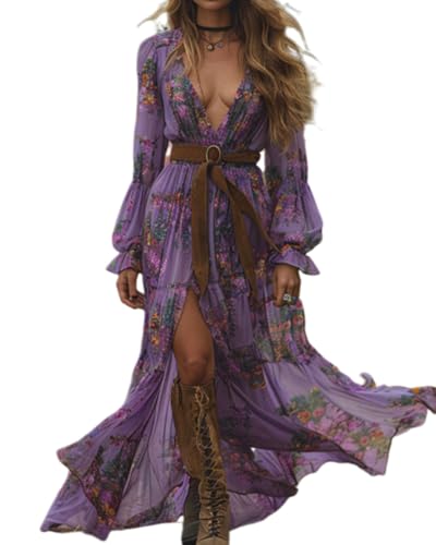 dalamirra Damen Lange Boho Vintage rustikalen Stil V-Ausschnitt Maxi Kleid mit Blumenmuster lässige Frühjahr Sommer Lange Ärmel Western Country Chiffon Kleider dalamirra Damen Lange Boho Vintage rustikalen Stil V-Ausschnitt Maxi Kleid mit Blumenmuster lässige Frühjahr Sommer Lange Ärmel Western Country Chiffon Kleider von dalamirra