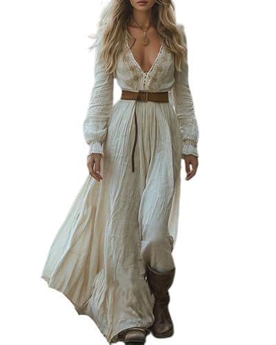 dalamirra Damen Lange Boho Vintage rustikalen Stil V-Ausschnitt Maxi Kleid mit Blumenmuster lässige Frühjahr Sommer Lange Ärmel Western Country Chiffon Kleider von dalamirra