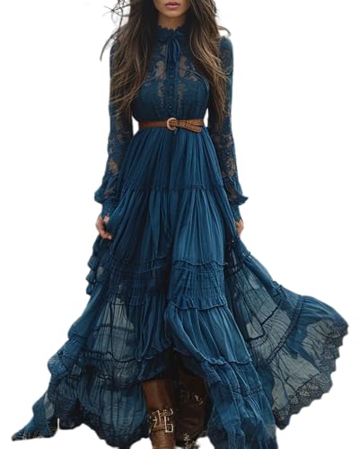 dalamirra Damen Lange Boho Vintage rustikalen Stil V-Ausschnitt Maxi Kleid mit Blumenmuster lässige Frühjahr Sommer Lange Ärmel Western Country Chiffon Kleider von dalamirra