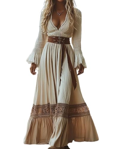 dalamirra Damen Lange Boho Vintage rustikalen Stil V-Ausschnitt Maxi Kleid mit Blumenmuster lässige Frühjahr Sommer Lange Ärmel Western Country Chiffon Kleider von dalamirra