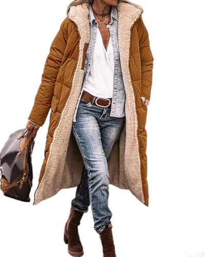 dalamirra Damen Reversible Sherpa Fleece Lange Puffer Mantel mit Kapuze Dickere Steppjacke Damen Oberbekleidung Warme Winterjacke Winter Steppjacke von dalamirra