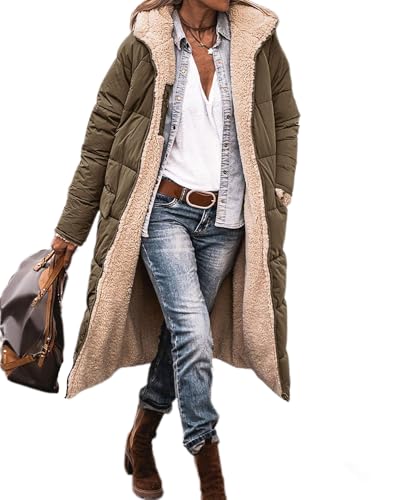 dalamirra Damen Reversible Sherpa Fleece Lange Puffer Mantel mit Kapuze Dickere Steppjacke Damen Oberbekleidung Warme Winterjacke Winter Steppjacke von dalamirra