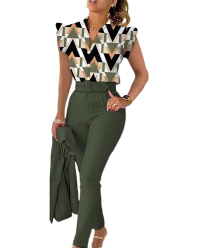 dalamirra Damen Sommer 3-teiliges Set Print Rüschen Ärmel Hemd Bluse und Hose und Gürtel Set Slim Fit Streetwear Anzüge Elegante Kombination Business Anzug von dalamirra