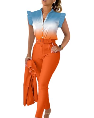 dalamirra Damen Sommer 3-teiliges Set Print Rüschen Ärmel Hemd Bluse und Hose und Gürtel Set Slim Fit Streetwear Anzüge Elegante Kombination Business Anzug von dalamirra