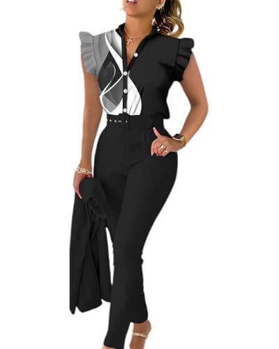 dalamirra Damen Sommer 3-teiliges Set Print Rüschen Ärmel Hemd Bluse und Hose und Gürtel Set Slim Fit Streetwear Anzüge Elegante Kombination Business Anzug von dalamirra