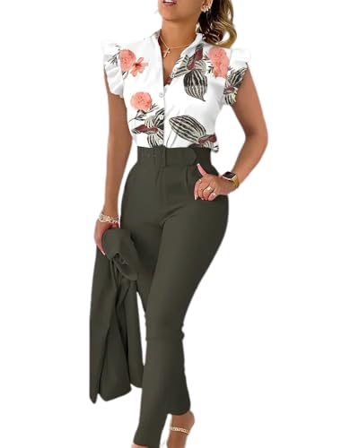 dalamirra Damen Sommer 3-teiliges Set Print Rüschen Ärmel Hemd Bluse und Hose und Gürtel Set Slim Fit Streetwear Anzüge Elegante Kombination Business Anzug von dalamirra