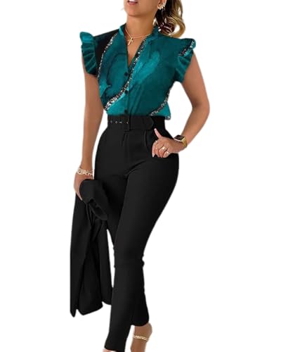 dalamirra Damen Sommer 3-teiliges Set Print Rüschen Ärmel Hemd Bluse und Hose und Gürtel Set Slim Fit Streetwear Anzüge Elegante Kombination Business Anzug von dalamirra