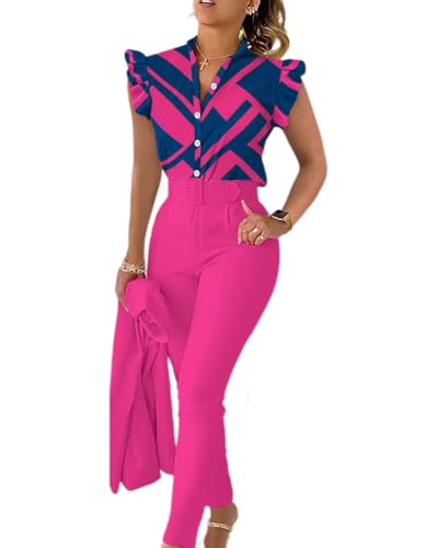 dalamirra Damen Sommer 3-teiliges Set Print Rüschen Ärmel Hemd Bluse und Hose und Gürtel Set Slim Fit Streetwear Anzüge Elegante Kombination Business Anzug von dalamirra