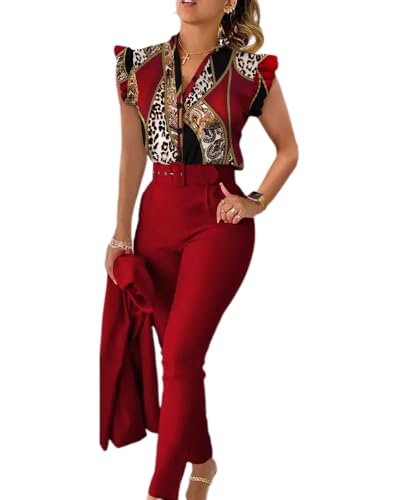 dalamirra Damen Sommer 3-teiliges Set Print Rüschen Ärmel Hemd Bluse und Hose und Gürtel Set Slim Fit Streetwear Anzüge Elegante Kombination Business Anzug von dalamirra