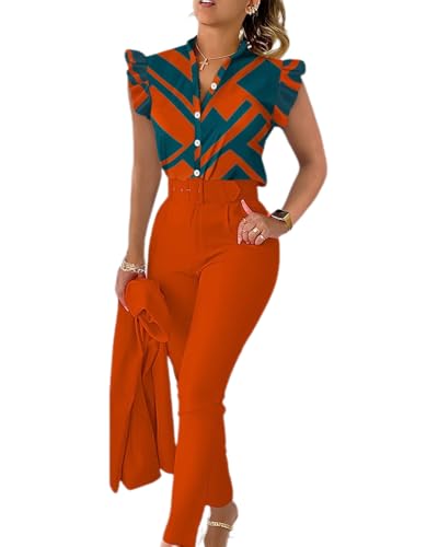 dalamirra Damen Sommer 3-teiliges Set Print Rüschen Ärmel Hemd Bluse und Hose und Gürtel Set Slim Fit Streetwear Anzüge Elegante Kombination Business Anzug von dalamirra