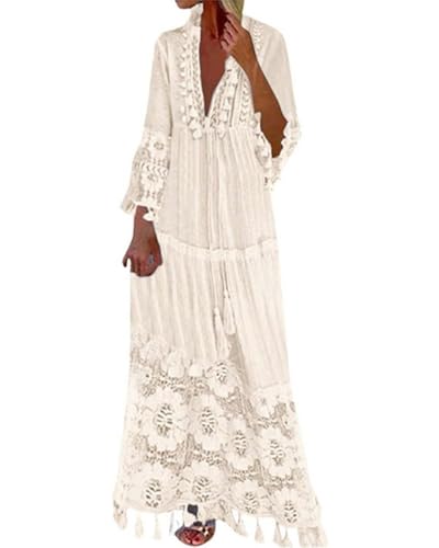 dalamirra Damen Sommer Vintage Bohemian 3/4 Ärmel V-Ausschnitt Spitze Splice Flow Wildleder Strand Urlaub Party Langes Kleid von dalamirra