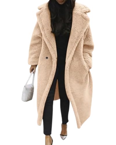 dalamirra Damen Teddy Fleece Mantel Warmer Winter mit Taschen Jacke Oversized Jacke Lange flauschige Outwear Revers Parka Plüschjacke Plüschmantel von dalamirra