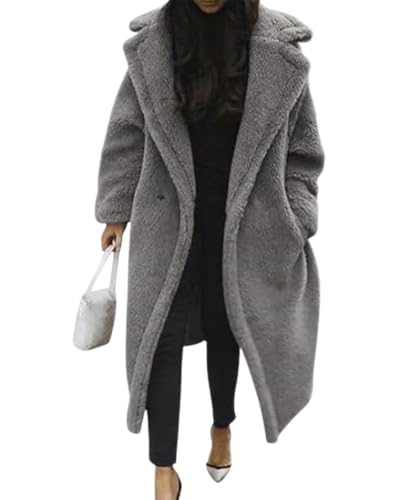 dalamirra Damen Teddy Fleece Mantel Warmer Winter mit Taschen Jacke Oversized Jacke Lange flauschige Outwear Revers Parka Plüschjacke Plüschmantel von dalamirra