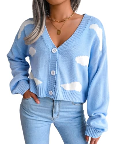 dalamirra Damen V-Ausschnitt Kurzer Cardigan Graphic Strickjacken Mit Knöpfen Lose Lange Ärmel Outwear Winter Cardigan Kurze Warme Strickpullover Tops Für Herbst Modische Wolken Pullover Mantel von dalamirra