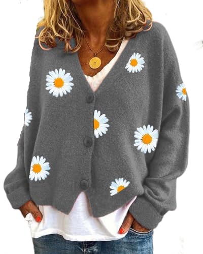 dalamirra Damen V-Ausschnitt Kurzer Cardigan Graphic Strickjacken Mit Knöpfen Lose Lange Ärmel Outwear Winter Cardigan Kurze Warme Strickpullover Tops Für Herbst Modische Wolken Pullover Mantel von dalamirra