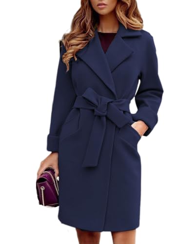dalamirra Damen Winter Warme Mantel Mode Langarm Turn-down Kragen Plain Trench Coat Elegante lange Wolle Mantel Warme Outwear Herbst Winter Jacke mit Gürtel von dalamirra