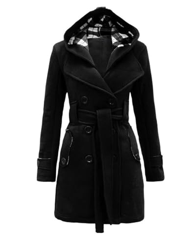 dalamirra Damen Winter Warmer Mantel Lang mit Kapuze Doppelreihiger Revers Winterjacke Solide Farbe Trench Coat Outwear mit Taschen Gürtel Übergang Mantel Winter Elegante Dicke Outdoor Jacke von dalamirra