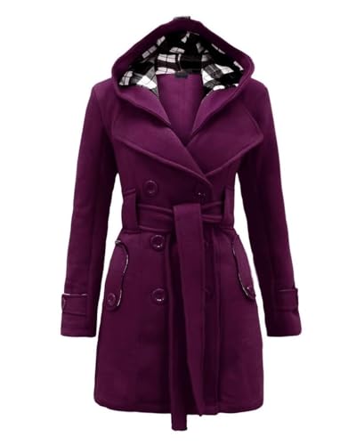 dalamirra Damen Winter Warmer Mantel Lang mit Kapuze Doppelreihiger Revers Winterjacke Solide Farbe Trench Coat Outwear mit Taschen Gürtel Übergang Mantel Winter Elegante Dicke Outdoor Jacke von dalamirra