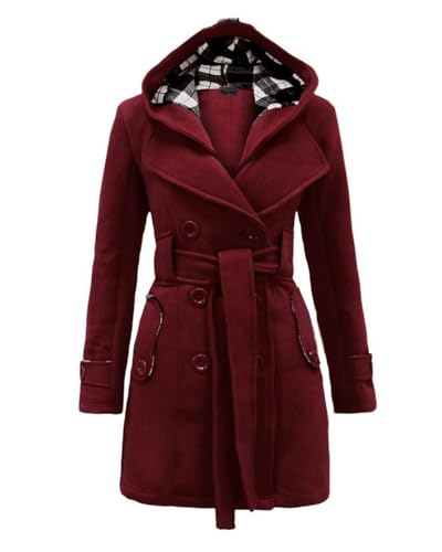 dalamirra Damen Winter Warmer Mantel Lang mit Kapuze Doppelreihiger Revers Winterjacke Solide Farbe Trench Coat Outwear mit Taschen Gürtel Übergang Mantel Winter Elegante Dicke Outdoor Jacke von dalamirra