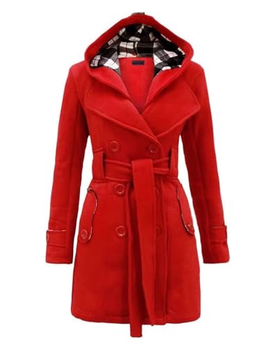 dalamirra Damen Winter Warmer Mantel Lang mit Kapuze Doppelreihiger Revers Winterjacke Solide Farbe Trench Coat Outwear mit Taschen Gürtel Übergang Mantel Winter Elegante Dicke Outdoor Jacke von dalamirra