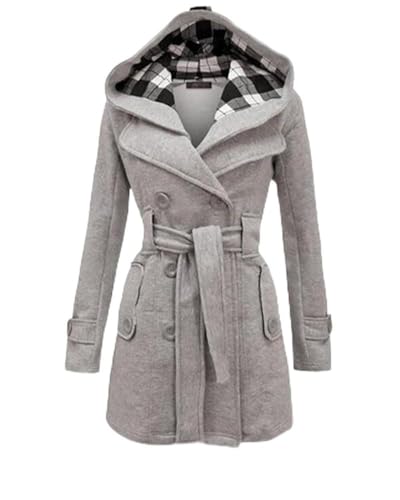 dalamirra Damen Winter Warmer Mantel Lang mit Kapuze Doppelreihiger Revers Winterjacke Solide Farbe Trench Coat Outwear mit Taschen Gürtel Übergang Mantel Winter Elegante Dicke Outdoor Jacke von dalamirra