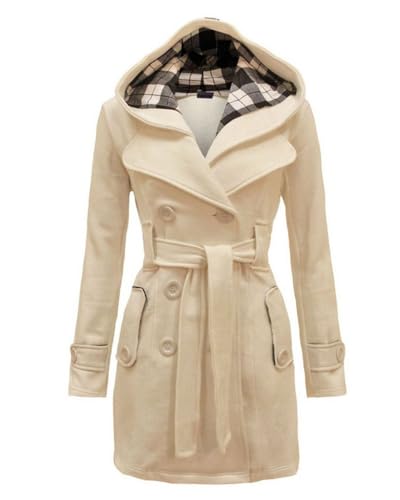 dalamirra Damen Winter Warmer Mantel Lang mit Kapuze Doppelreihiger Revers Winterjacke Solide Farbe Trench Coat Outwear mit Taschen Gürtel Übergang Mantel Winter Elegante Dicke Outdoor Jacke von dalamirra
