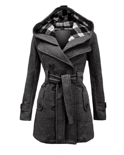 dalamirra Damen Winter Warmer Mantel Lang mit Kapuze Doppelreihiger Revers Winterjacke Solide Farbe Trench Coat Outwear mit Taschen Gürtel Übergang Mantel Winter Elegante Dicke Outdoor Jacke von dalamirra