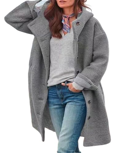 dalamirra Damen Winter Wolle Mantel Kapuze Trenchcoat Elegante Übergangsjacke Einfarbige Casual Jacke mit Taschen Lose Winter Warme Jacke Casual Jacke Kapuze Wollmantel von dalamirra