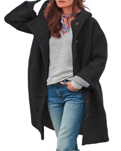 dalamirra Damen Winter Wolle Mantel Kapuze Trenchcoat Elegante Übergangsjacke Einfarbige Casual Jacke mit Taschen Lose Winter Warme Jacke Casual Jacke Kapuze Wollmantel von dalamirra